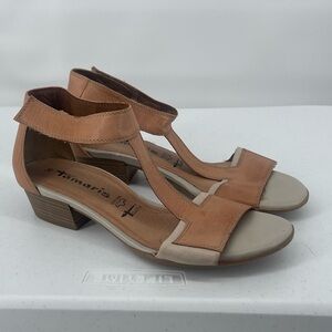 Tamaris leather t strap heeled ankle strap sandals